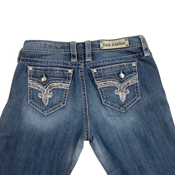 Women's Rock Revival Betty Easy Boot Denim Blue Jeans Size 29 Embroidered Studs - Picture 1 of 11